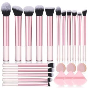 22 Pcs Pink And Black Transparent Makeup Brushes Set With Beauty Puff